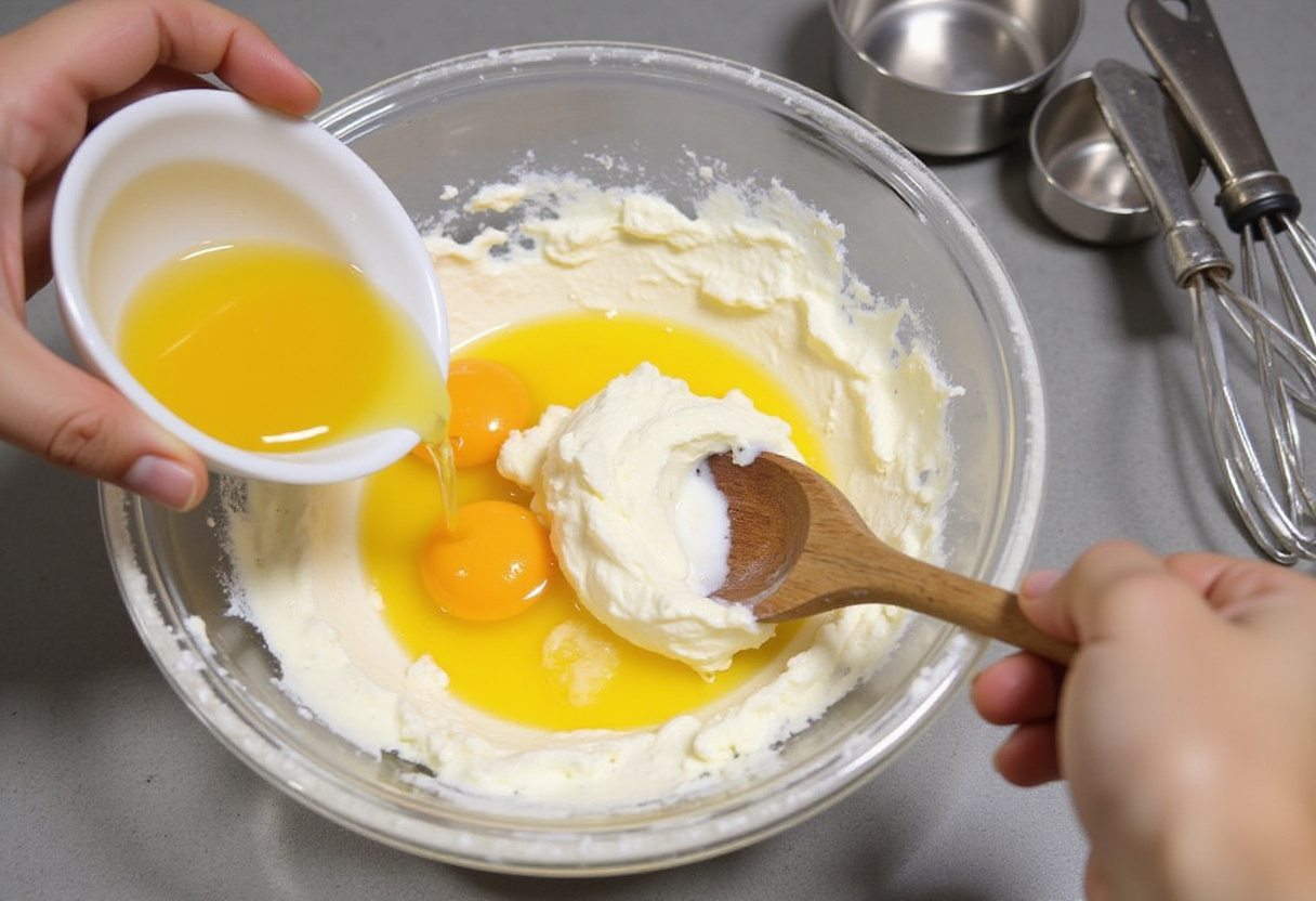 Adding eggs to a creamy mixture for the Basque cheesecake, showcasing neat kitchen tools.