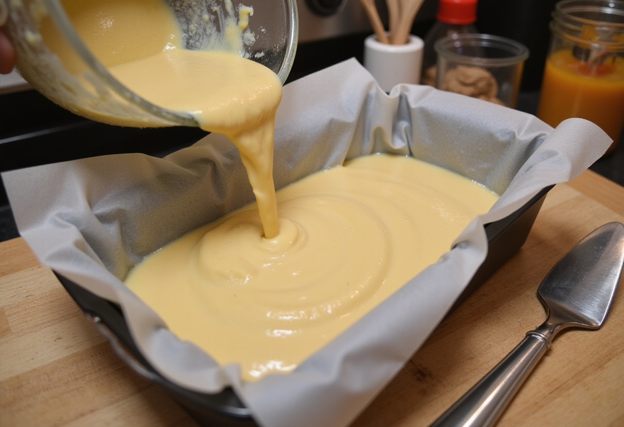 Pouring cheesecake batter into a loaf pan, in preparation for baking a delicious Basque cheesecake.