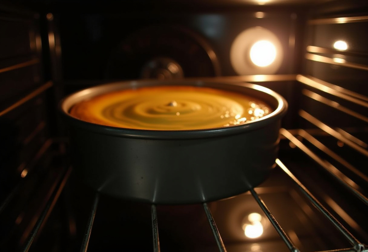 Baking a Basque cheesecake in the oven, capturing the process of achieving a perfect crust.