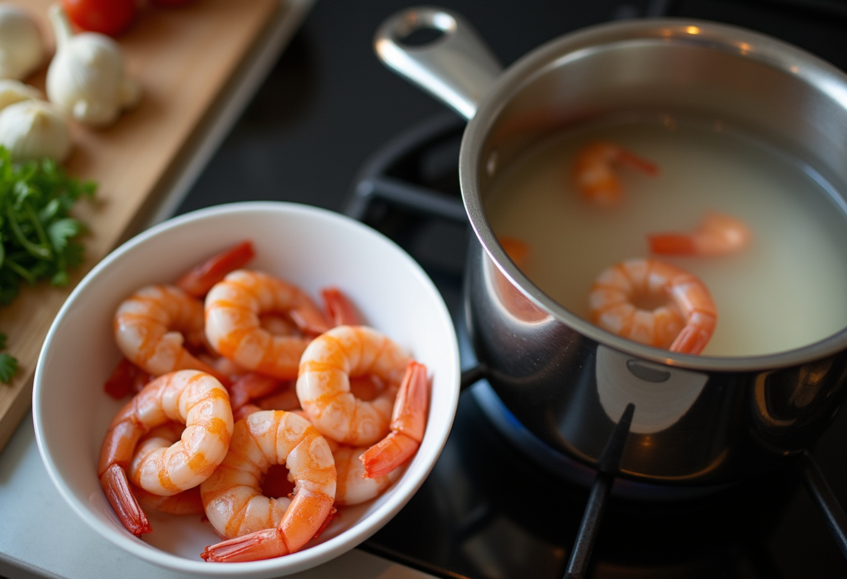 Preparing Marry Me Shrimp Pasta with boiling water, fresh shrimp, and garlic in a warm kitchen.