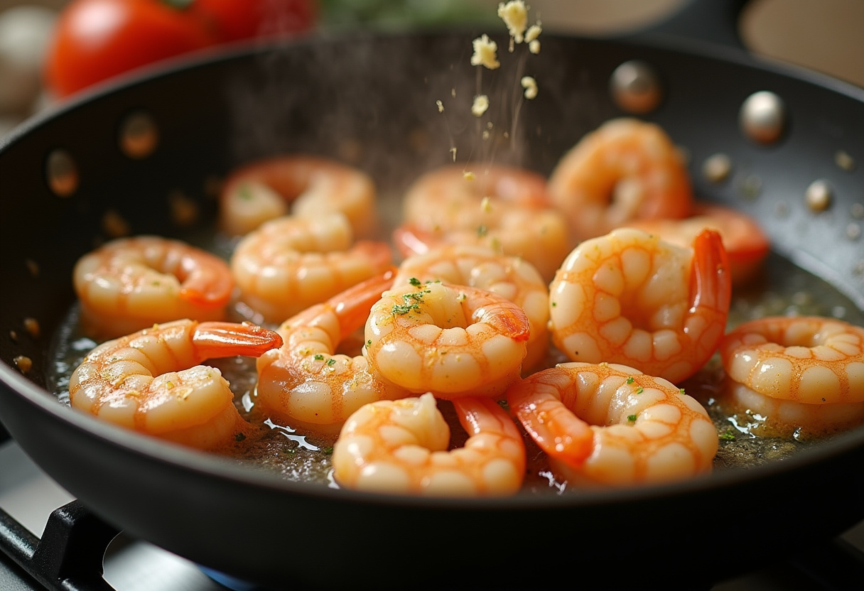 Cooking shrimp with garlic butter for Marry Me Shrimp Pasta, capturing the delicious flavors developing in a frying pan.