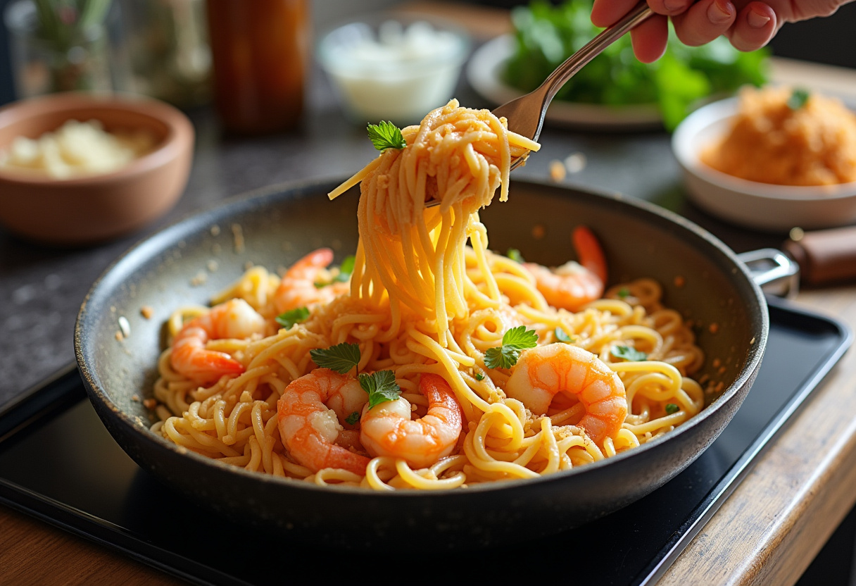 Tossing creamy sauce with shrimp and pasta for Marry Me Shrimp Pasta, displaying the delightful preparation process.