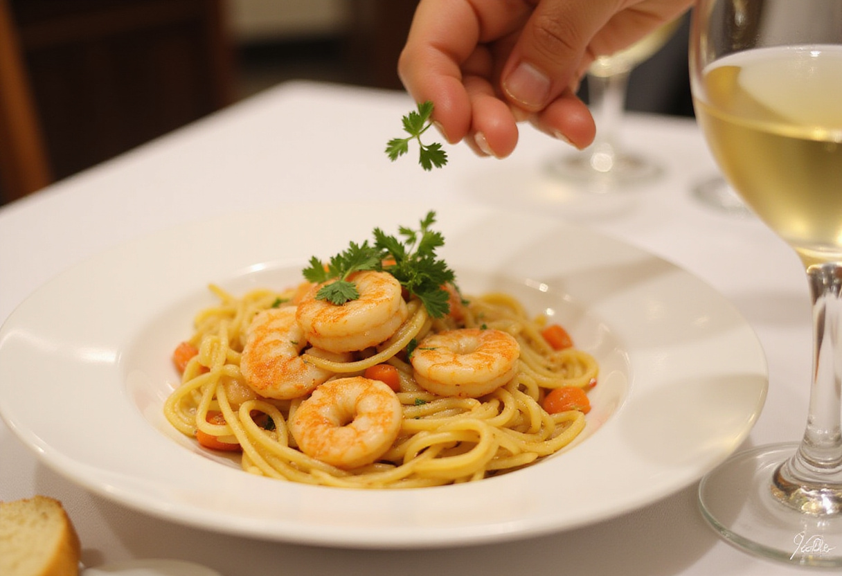 Garnishing Marry Me Shrimp Pasta with parsley in a beautifully set dining scene, highlighting the delicious final touches.