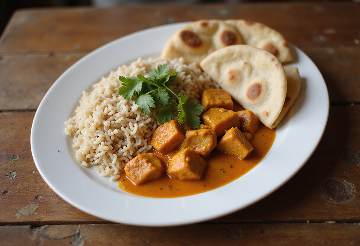 Final presentation of Quick & Easy Homemade Butter Chicken served with rice and naan, showcasing a delicious and appetizing meal.