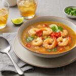 Delicious Quick and Spicy Shrimp Soup in an elegant bowl, ready to be enjoyed at a dining table, emphasizing its appetizing look and flavors.