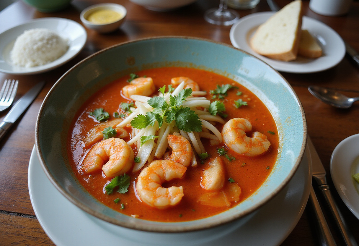 Delicious Quick and Spicy Shrimp Soup in an elegant bowl, ready to be enjoyed at a dining table, emphasizing its appetizing look and flavors.