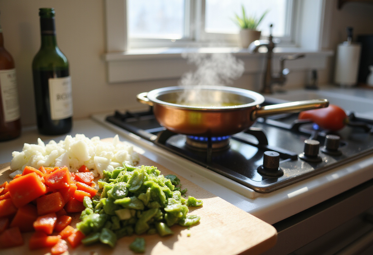 Preparing the ingredients for Quick and Spicy Shrimp Soup, with bright vegetables and olive oil heating in the pot.