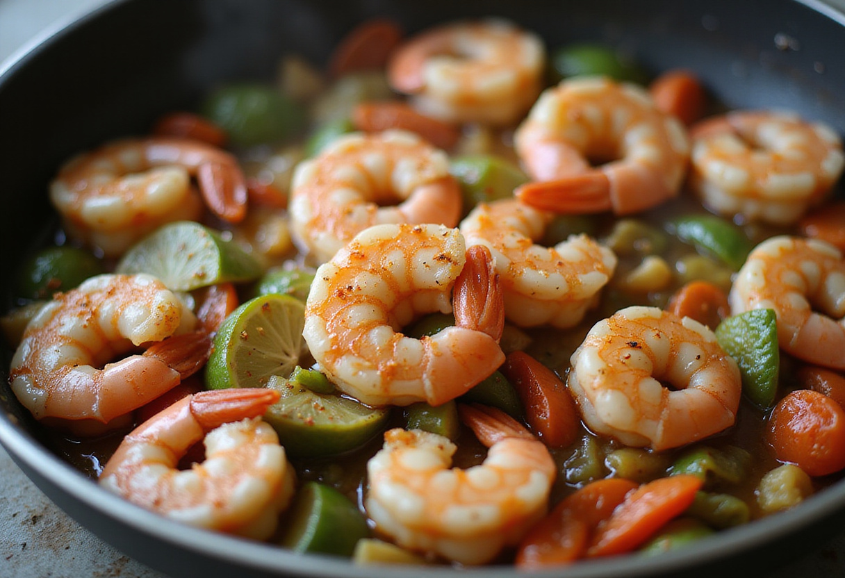 Cooking shrimp in a pot for Quick and Spicy Shrimp Soup, showcasing seasoned shrimp with colorful vegetables and aromatic spices.