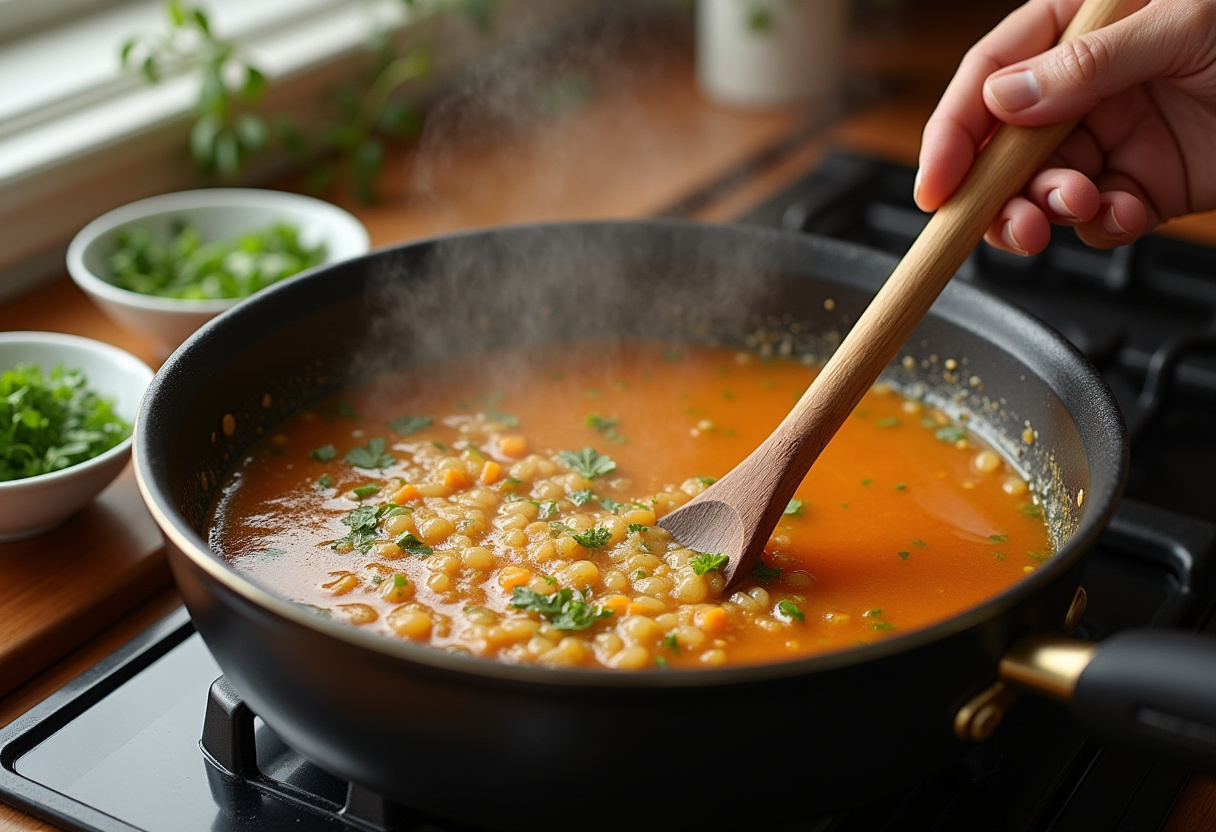 Stirring the bubbling Quick and Spicy Shrimp Soup, with herbs being added for enhanced flavor in a welcoming kitchen environment.
