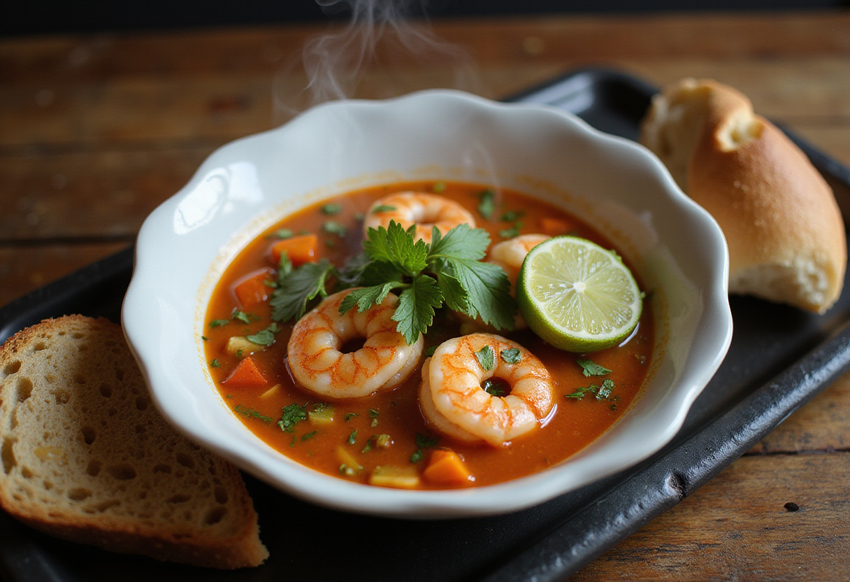Serving the final bowl of Quick and Spicy Shrimp Soup garnished with herbs and lime, perfect for a cozy meal.