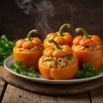 An appetizing presentation of baked stuffed bell peppers with rice and veggies, served on a rustic table, perfect for a wholesome dinner option.