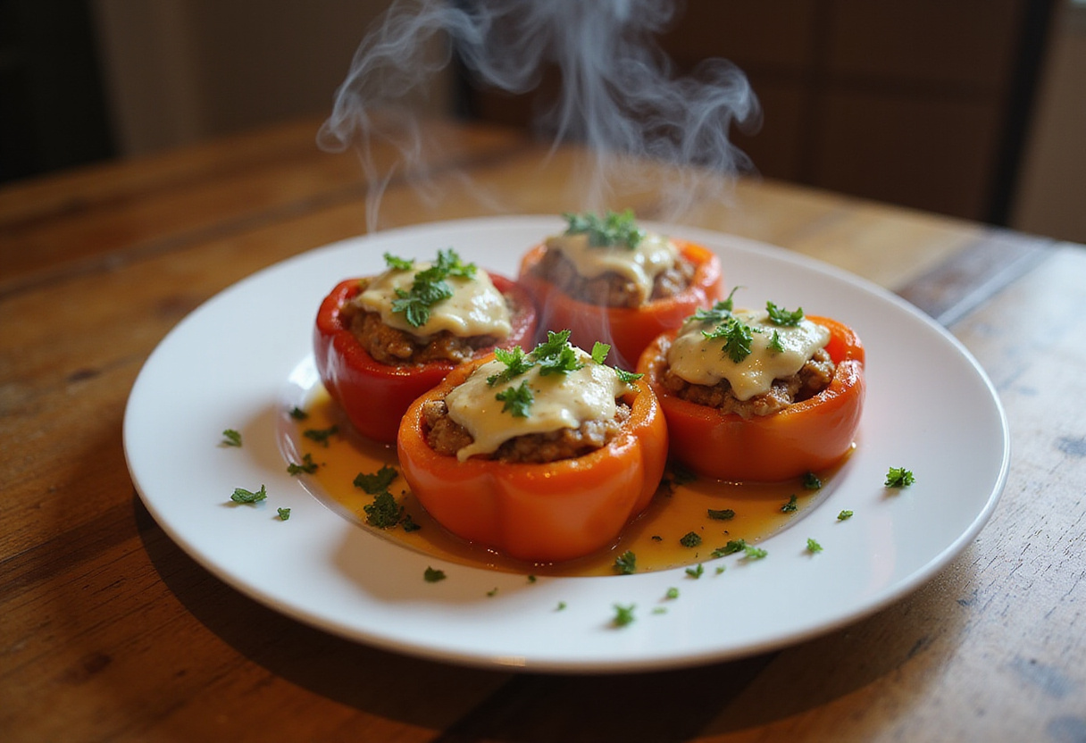 An appetizing presentation of baked stuffed bell peppers with rice and veggies, served on a rustic table, perfect for a wholesome dinner option.