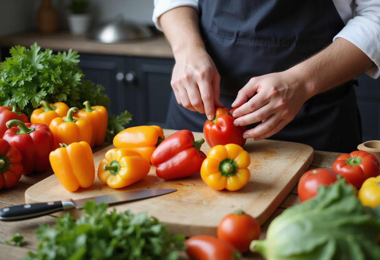 Vibrant bell peppers being prepped for stuffed peppers with rice and veggies, showcasing the colorful ingredients and cooking tools organized on the cutting board.
