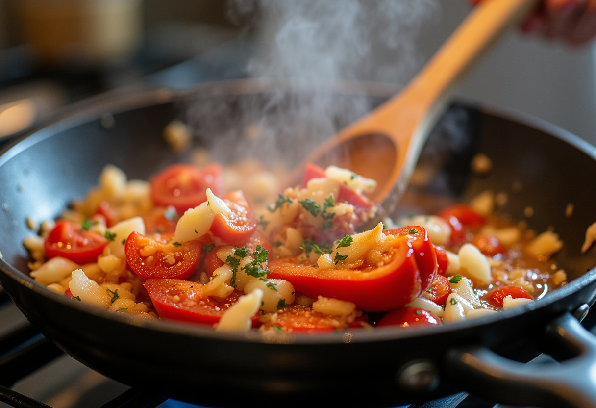 A sizzling skillet of sautéed vegetables for stuffed bell peppers with rice, highlighting fresh ingredients and the cooking process in a bustling kitchen environment.