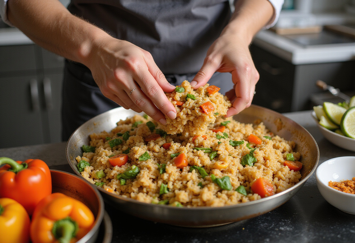 The colorful mixture of rice and sautéed vegetables being combined in a bowl for stuffed bell peppers, illustrating a homemade healthy stuffing preparation.