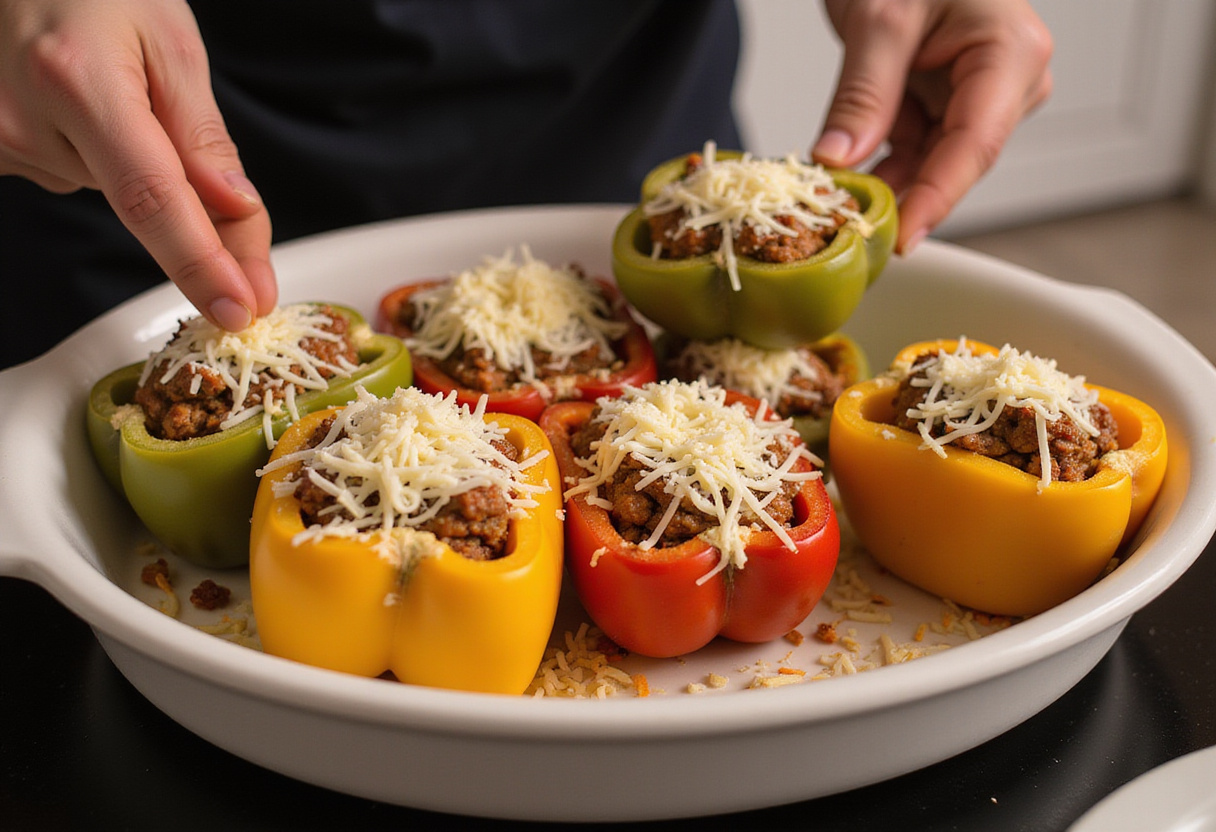 Deliciously stuffed bell peppers ready for baking, showcasing a vibrant assortment of rice, veggies, and cheese in a baking dish, embodying a healthy meal prep.