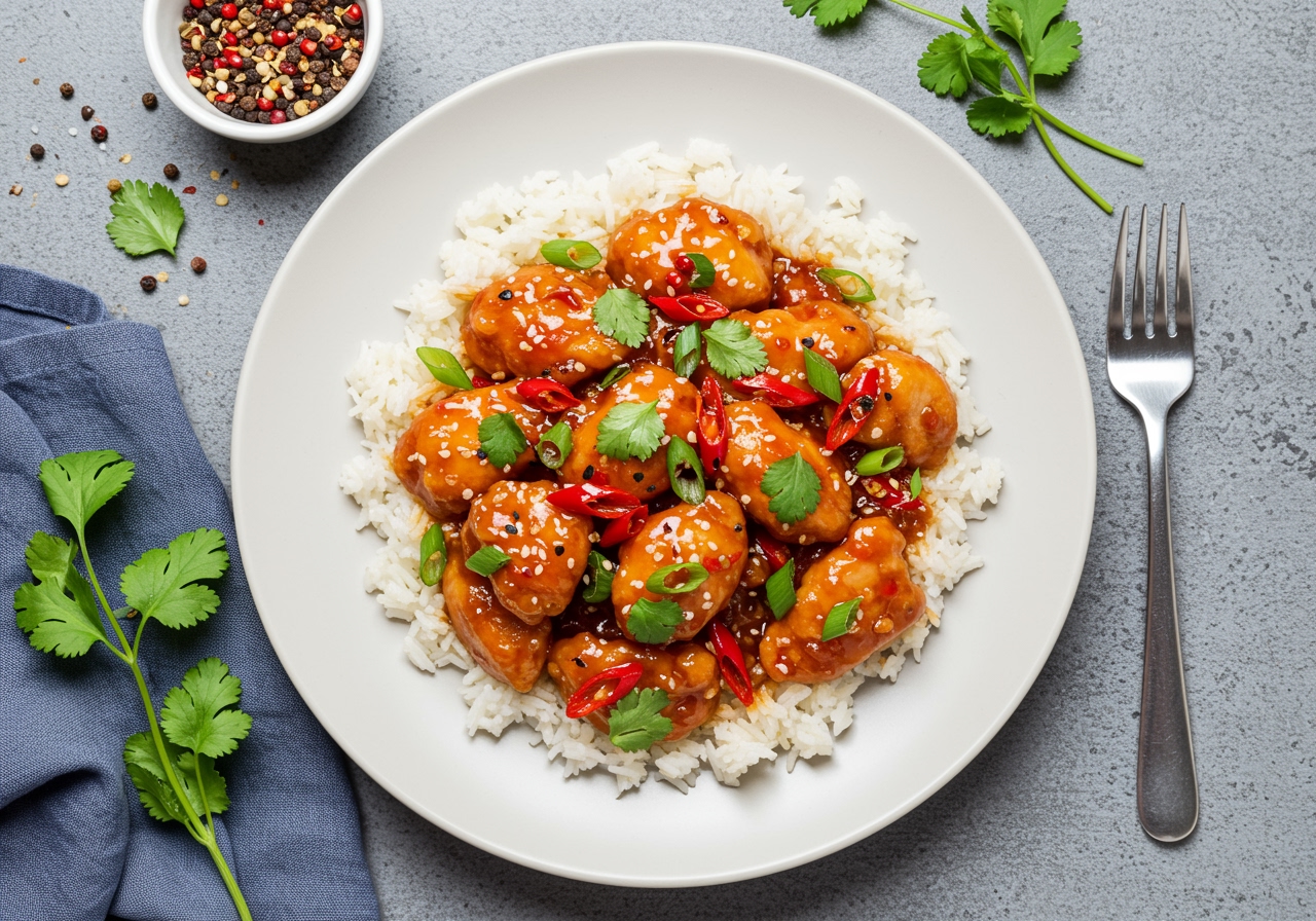 Final presentation of Sweet Chili Chicken, highlighting a colorful and flavorful dish ready to serve, perfect for dinner.