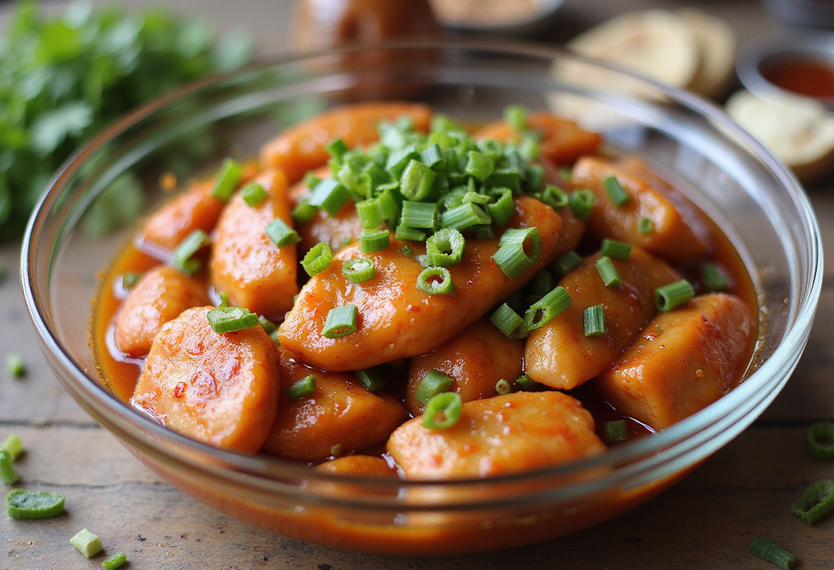 Sweet Chili Chicken marinade in a bowl with fresh ingredients like ginger and garlic, perfect for a flavorful dish.