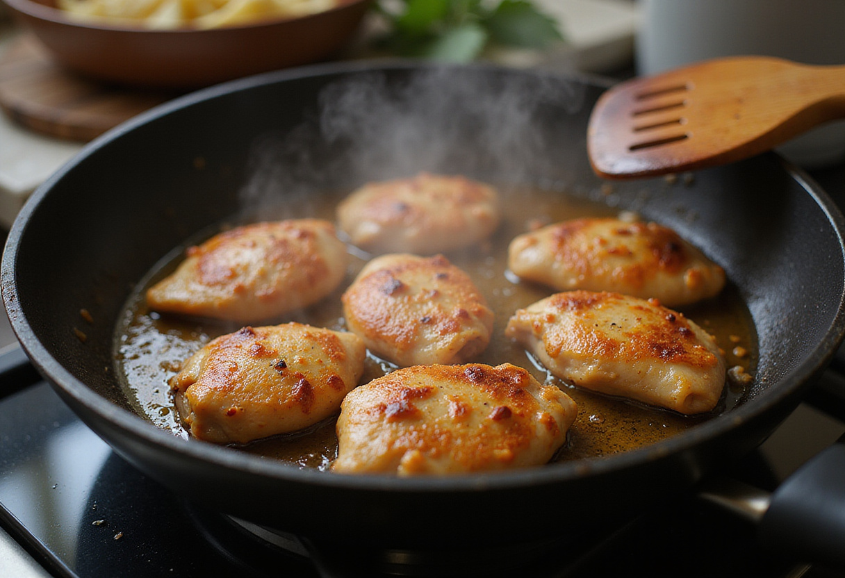 Cooking Sweet Chili Chicken in a frying pan, showcasing the sizzling marinated chicken pieces achieving a golden perfection.