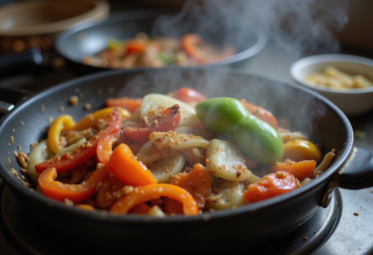 Stir-frying bell peppers and onions for Sweet Chili Chicken, emphasizing fresh vegetables that enhance the dish's flavor.
