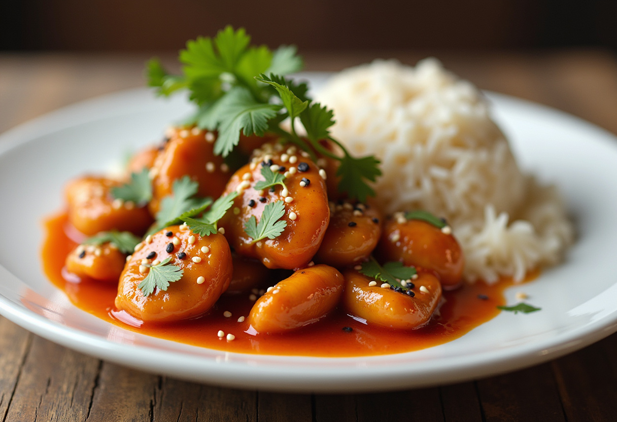 Delicious Sweet Chili Chicken served on a plate, garnished with sesame seeds and cilantro, showcasing a perfect meal.