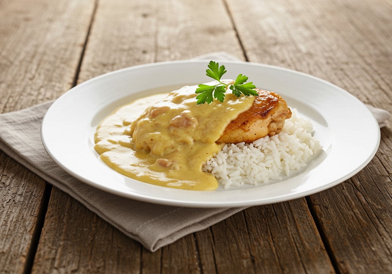 Plated creamy smothered chicken and rice garnished with fresh parsley, an appetizing view of the final dish.