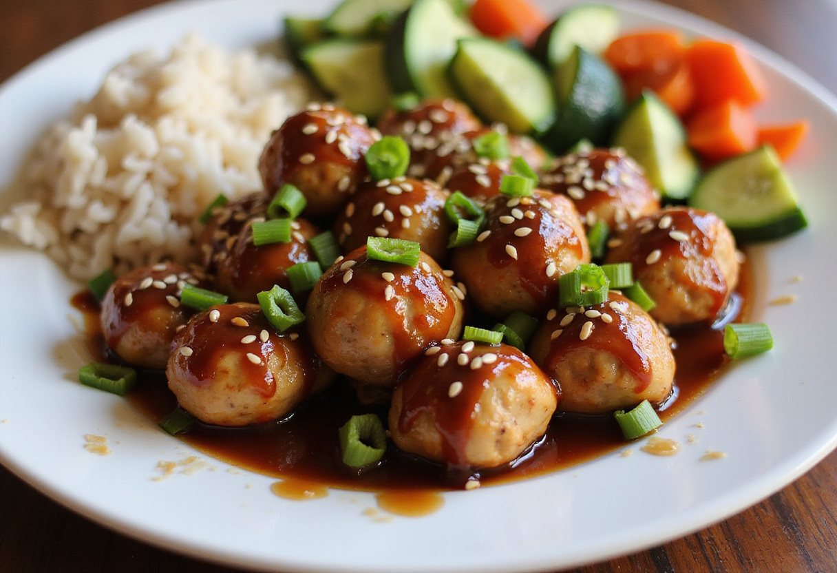 Delicious Teriyaki Chicken Meatballs served with rice and vegetables, featuring a mouthwatering presentation and vibrant colors.