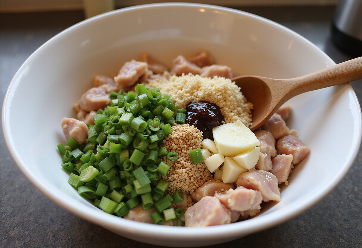 Preparing a delicious mixture for Teriyaki Chicken Meatballs with ground chicken, soy sauce, and fresh ingredients in a bright kitchen.