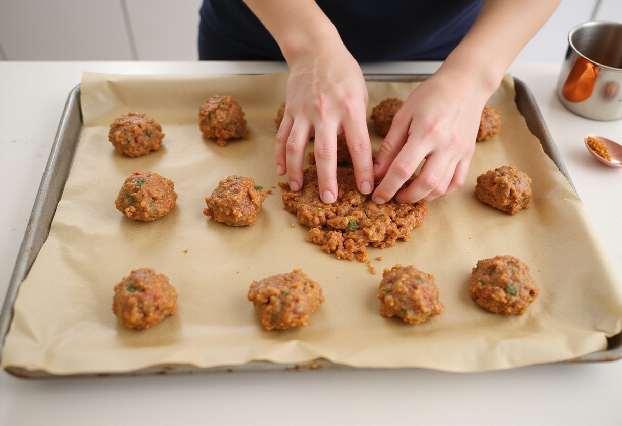Forming Teriyaki Chicken Meatballs on a baking sheet, showcasing a step in creating flavorful chicken appetizers.