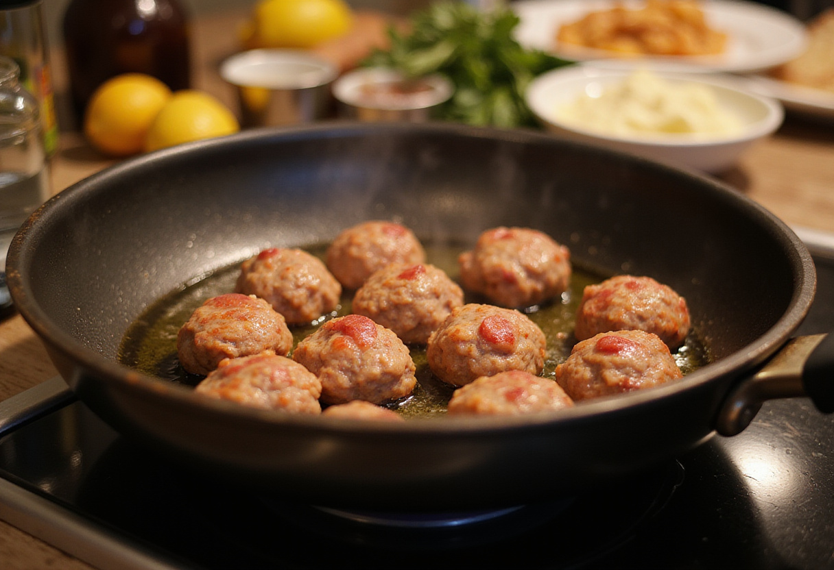 Heating oil in a pan for searing Teriyaki Chicken Meatballs, illustrating the cooking process for tasty chicken appetizers.
