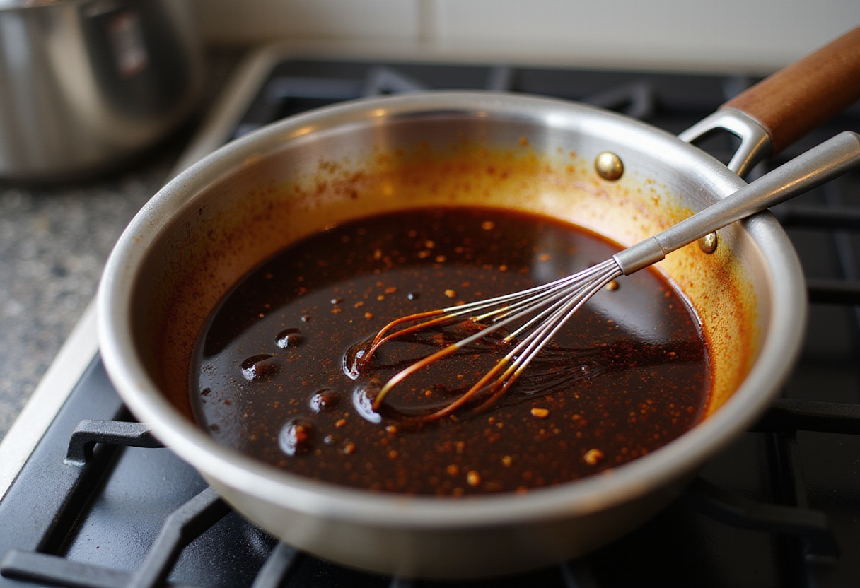 Preparing a rich teriyaki sauce for Teriyaki Chicken Meatballs to enhance flavor, highlighting the culinary process with vibrant ingredients.