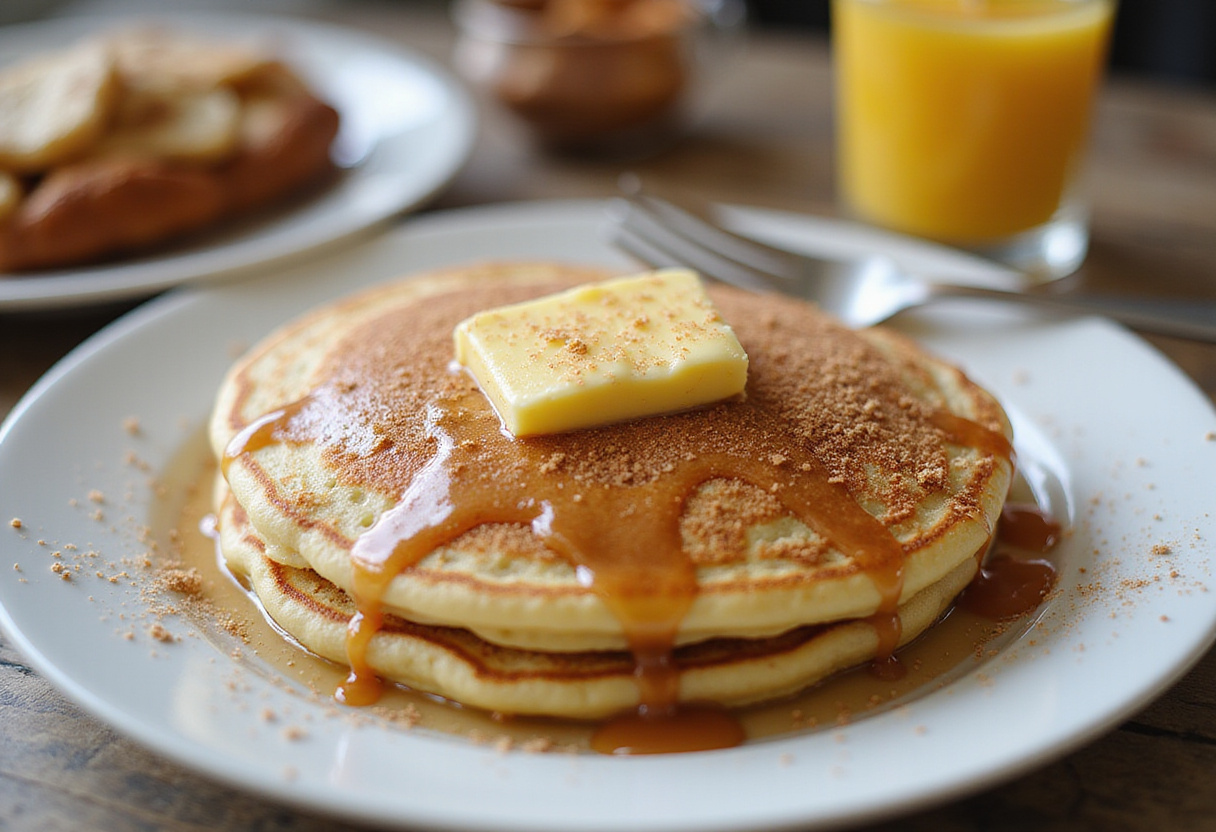 Close-up of a golden vanilla cinnamon buttermilk pancake with melted butter and cinnamon sugar, ideal for a delicious breakfast.