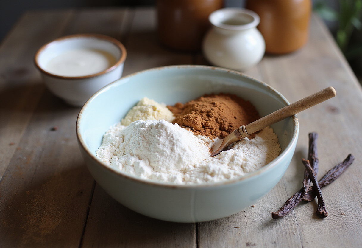 Mixing dry ingredients for vanilla cinnamon buttermilk pancakes with flour, sugar, and cinnamon in a cozy kitchen.