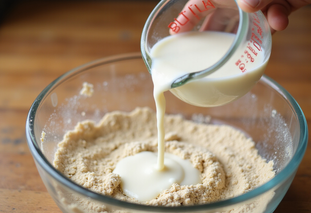 Adding buttermilk to the flour mixture for vanilla cinnamon buttermilk pancakes, showcasing the creamy blend in a bright kitchen.