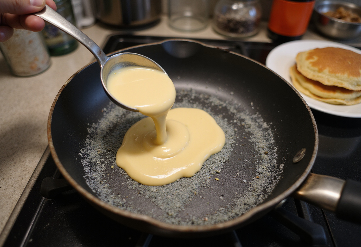 Pouring pancake batter into a frying pan for cooking vanilla cinnamon buttermilk pancakes in a homey kitchen setting.