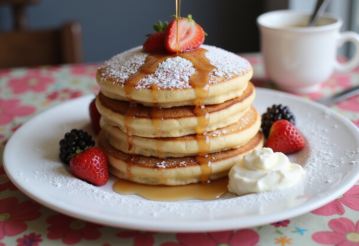 A stack of fluffy vanilla cinnamon buttermilk pancakes with berries and maple syrup on a breakfast table setting.