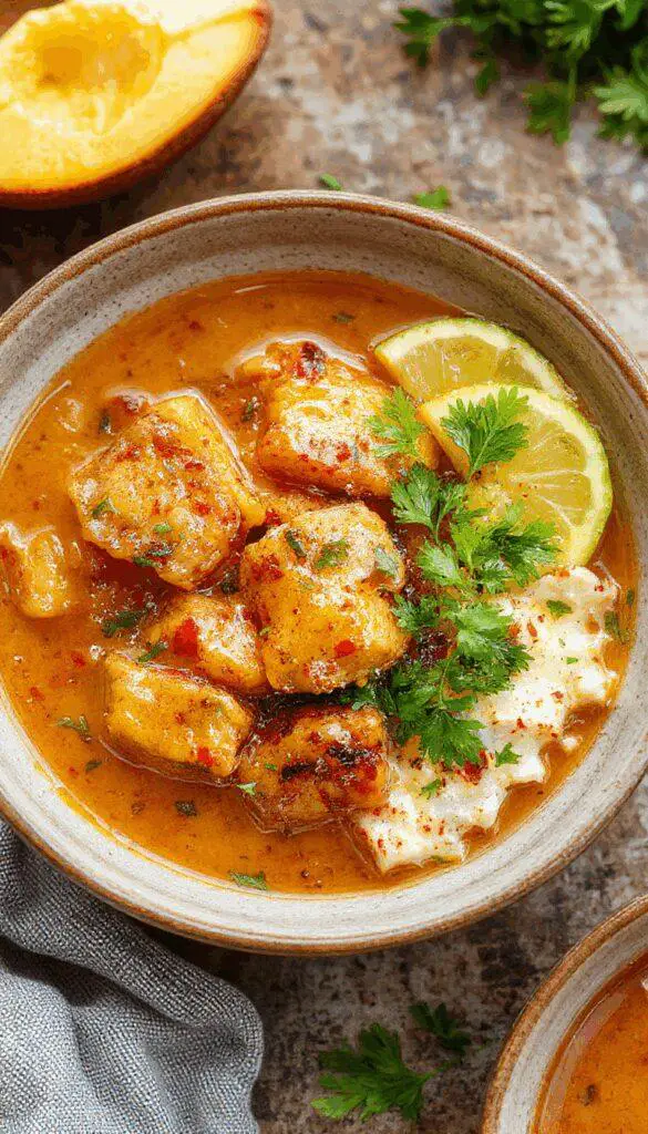 A vibrant bowl of mango chicken curry featuring tender pieces of chicken covered in a rich, yellow curry sauce with chunks of ripe mango, garnished with fresh herbs. The dish is presented on a white plate, with a colorful backdrop that highlights the bright orange and yellow tones of the curry, inviting warmth and flavor.