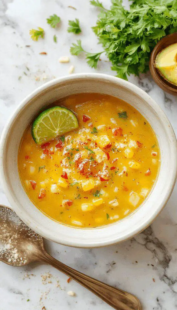 A vibrant bowl of Mexican Street Corn Soup featuring bright yellow corn, garnished with fresh cilantro, crumbled cheese, and a drizzle of spicy sauce, served in a rustic white bowl on a wooden table with colorful toppings around.