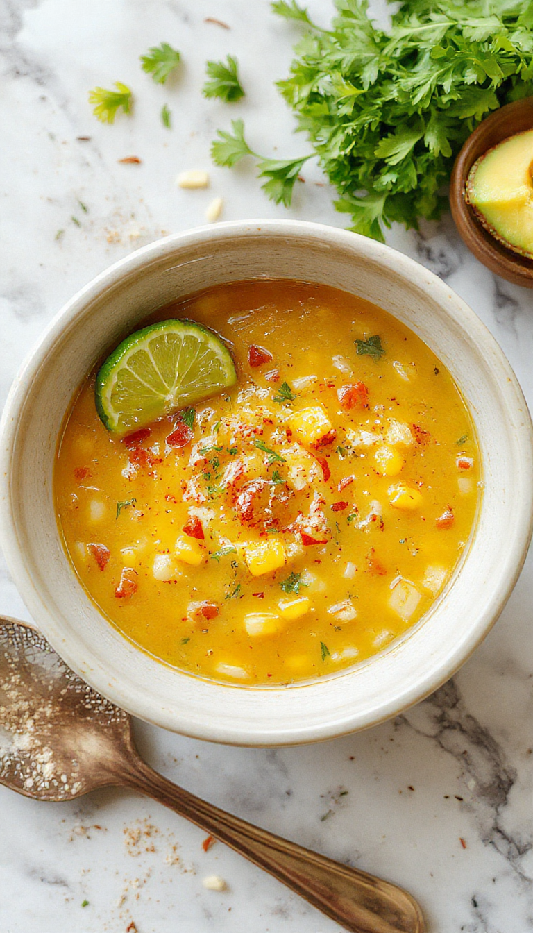 A vibrant bowl of Mexican Street Corn Soup featuring bright yellow corn, garnished with fresh cilantro, crumbled cheese, and a drizzle of spicy sauce, served in a rustic white bowl on a wooden table with colorful toppings around.