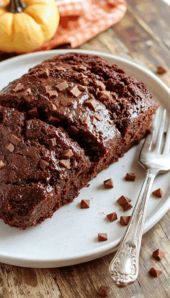 A sliced piece of moist chocolate pumpkin bread on a rustic wooden plate, revealing rich, dark chocolate swirls and vibrant orange pumpkin texture, garnished with a light dusting of powdered sugar. The bread's surface is moist and tender, with a slightly crumbly crust and a rich, inviting appearance.