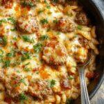 A rustic skillet filled with golden-brown orzo pasta topped with seasoned ground beef, melted cheese, and garnished with chopped herbs, steam rising gently, with a crispy edge around the pan and a vibrant fresh garnish adding contrast.