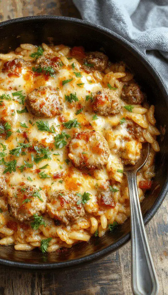 A rustic skillet filled with golden-brown orzo pasta topped with seasoned ground beef, melted cheese, and garnished with chopped herbs, steam rising gently, with a crispy edge around the pan and a vibrant fresh garnish adding contrast.