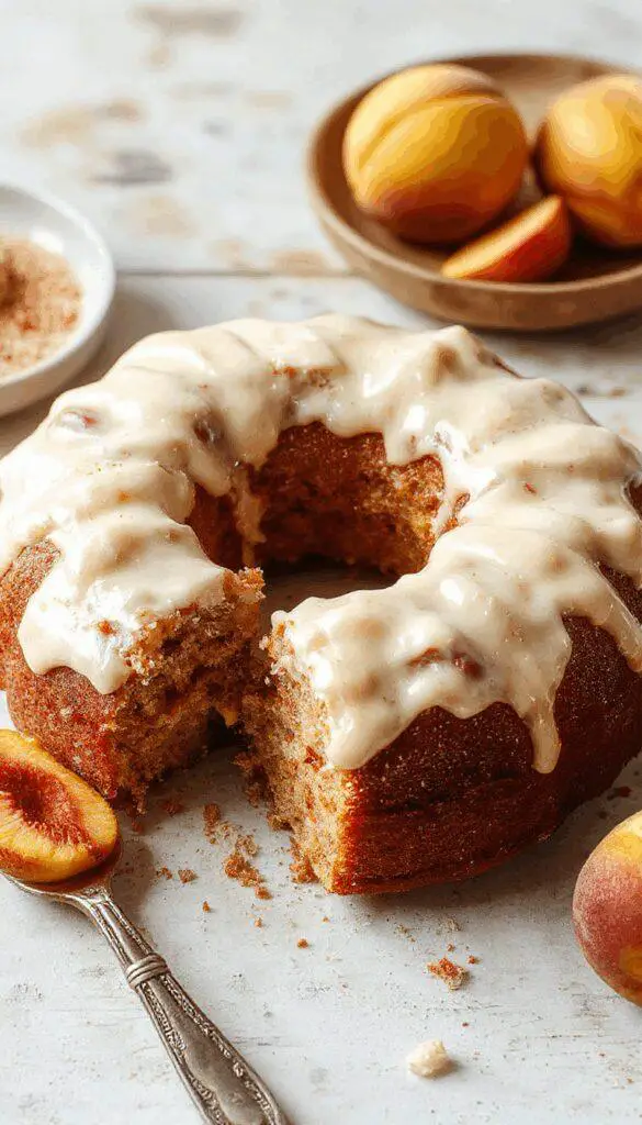 A sliced peach cake featuring a golden-brown crust and moist interior, topped with a creamy brown sugar frosting. The cake is displayed on a rustic wooden table with a few peach slices and a spoon nearby, highlighting its inviting, homemade appeal.