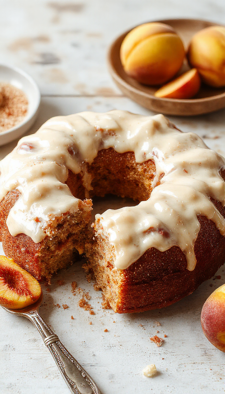 A sliced peach cake featuring a golden-brown crust and moist interior, topped with a creamy brown sugar frosting. The cake is displayed on a rustic wooden table with a few peach slices and a spoon nearby, highlighting its inviting, homemade appeal.