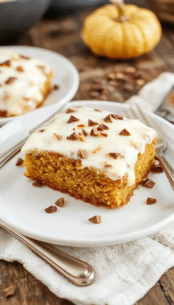 A beautifully layered pumpkin cake with rich, creamy frosting topped with sugared pecans and cinnamon, presented on a rustic wooden platter, showcasing its moist texture and festive fall decor in the background.